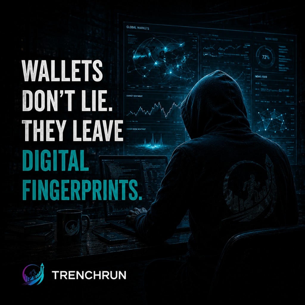 Epoch II — the city: operator at the desk, global markets and order flow on the wall — wallets don’t lie; they leave digital fingerprints.