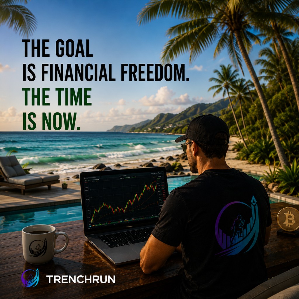 Epoch III — the shore: open water and the long view; the goal is financial freedom — laptop, charts, and Trenchrun by the pool.