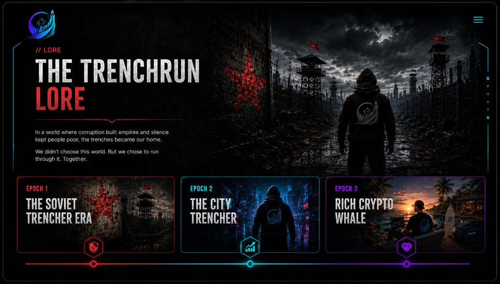 Trenchrun lore — from the Soviet trench through the neon city to the shore. Timeline of three epochs.